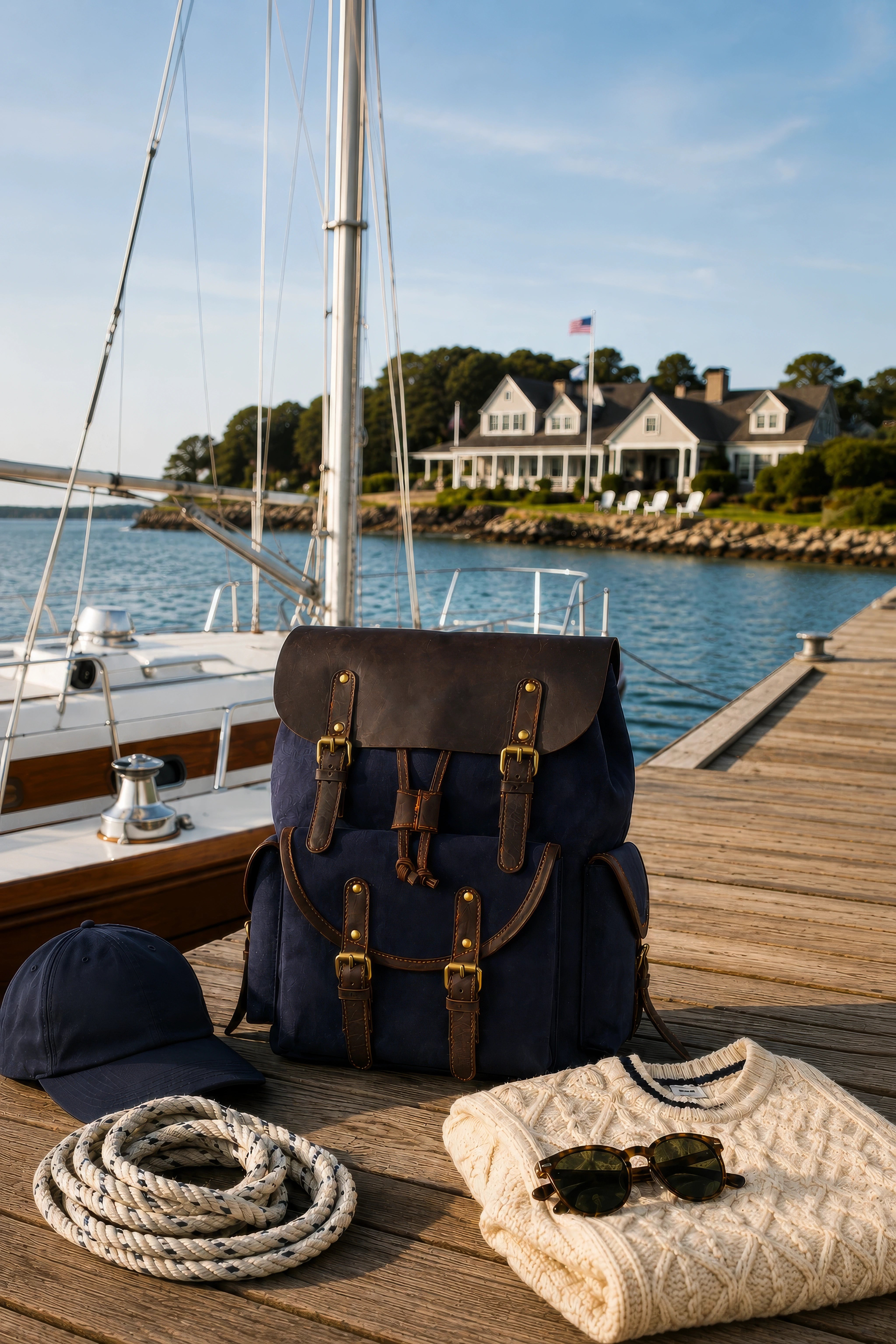 Waxed Nautical Navy Canvas & Genuine Leather Backpack